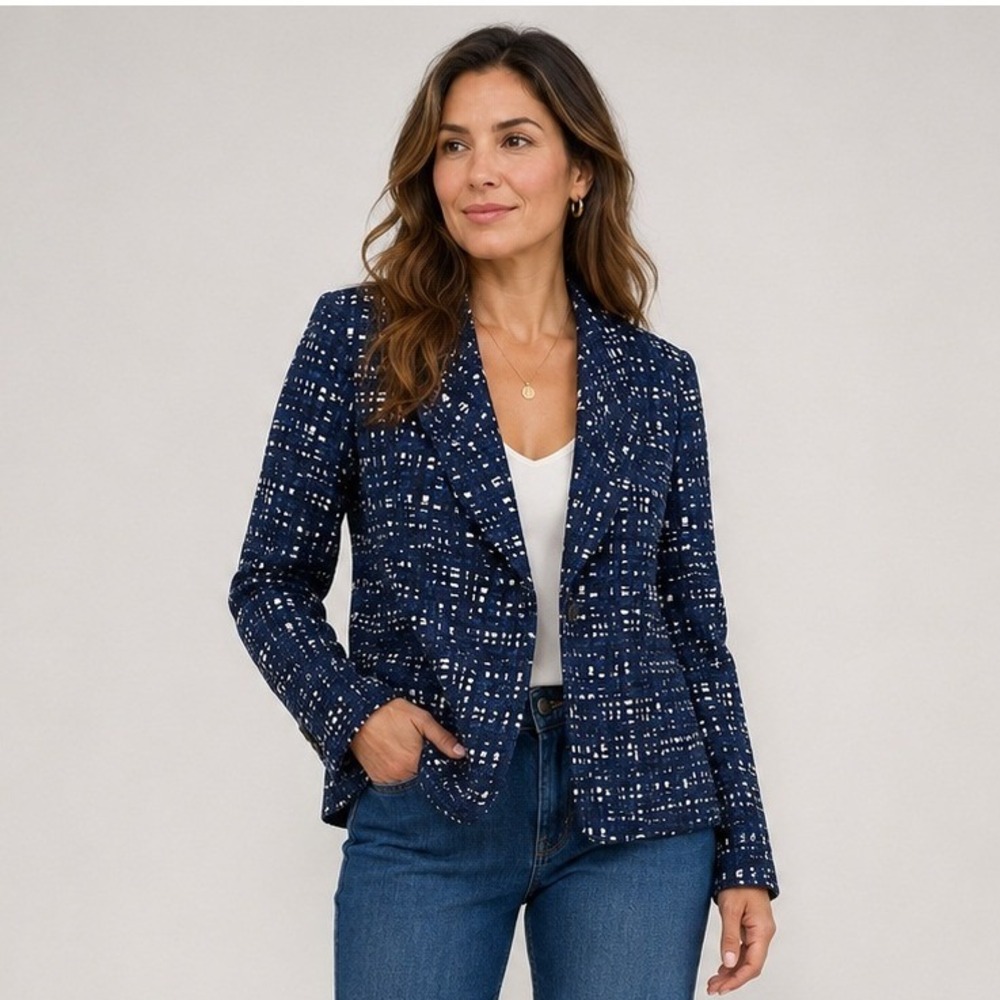 Ann Taylor Blazer Womens 8 Blue Print Career Work Office